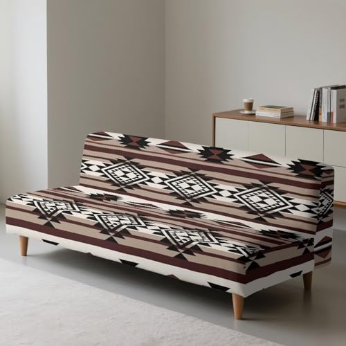 Western Aztec Armless Futon Cover Navajo Southwestern Ethnic Stretch Armless Sofa Slipcover with Elastic Bottom Washable Couch Covers for Sofa Decor