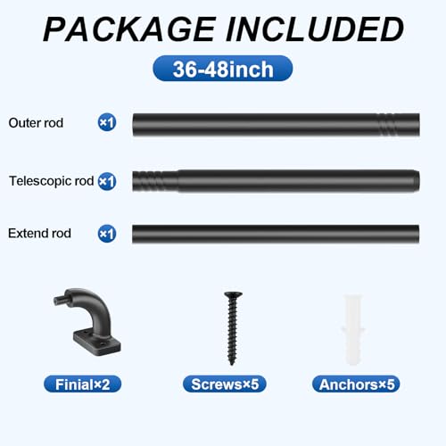 Curtain Rod for Windows 36 to 48 Inches, Blackout Wrap Around Curtain Rod for Bedroom, Living Room, 1 Inch Diamete Adjustable Drapery Rods，Matte Black