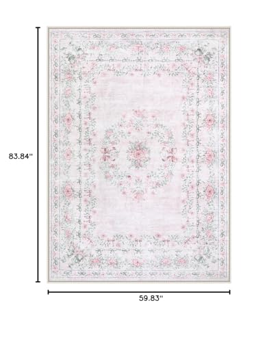 Wonnitar Floral Bow Pink Rug for Bedroom, Washable 5x7 Area Rug for Girls Nursery, Ultra-Thin Non Slip Soft Boho Carpet for Kids Room Dorm Living Room, Light Pink
