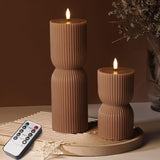 Brown Ribbed Fall Flameless Pillar Candles with Remote Set of 2