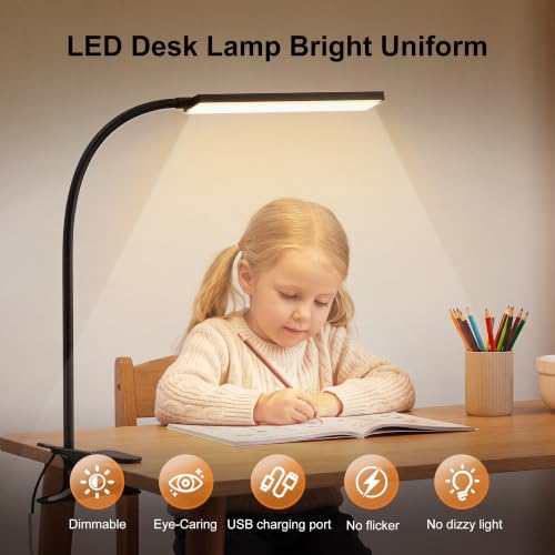 Vansuny Clip on Light LED Desk Lamp with Eye-Caring LED Light and Metal Clip, 6 Level Brightness 3 Color Modes, Power by USB Port 5W Adjustable Neck Reading Lamp for Home and Office (5W, Black)