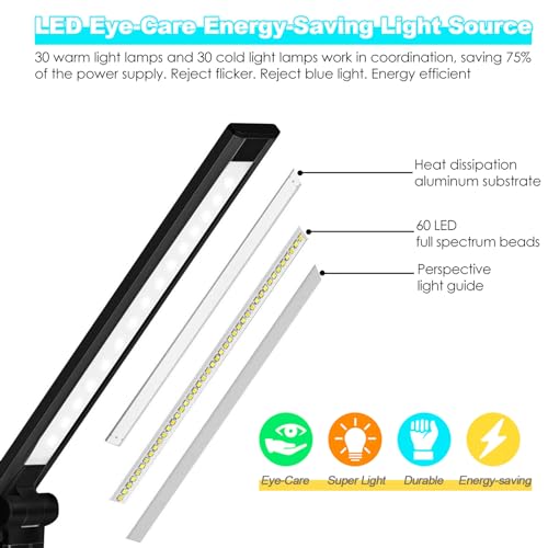 LED Desk Lamp with Wireless Charger, USB Charging Port, 10 Brightness, 5 Color Modes, Desk Lamps for Home Office, Dimmable Table Lamp Eye Caring Reading Light, Touch Control, Auto Timer, Black