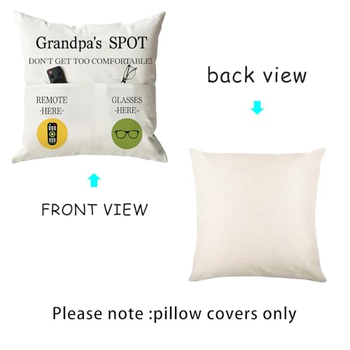 ONFAON Grandpa Gifts,Grandpa's Spot Throw Pillow Covers 18x18 Inch,Put Phone Glasses and Remote Control Pillowcase,Birthday Christmas Thanksgiving Day Gifts for Grandpa Stepdad,3-Pocket