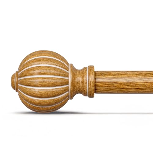 QDWIS Wood Curtain Rods for Windows 48 to 84 Inch, 1'' Adjustable Heavy Duty Curtain Rod，Vintage Imitation Wood Grain Decorative Drapery Rods with Pumpkin Finials for Bedroom Living Room