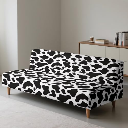 Black White Cow Pattern Armless Futon Cover, Machine Washable Sofa Slipcover with Stretch Bottom Anti-Slip Non Armrest Couch Chair Covers