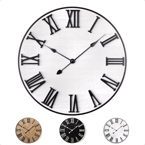Large Wall Clock 24" Round - Silent Metal & Wood Large Farmhouse Wall Clock For Living Room Decor with 3D Roman Numerals - No Ticking - Noiseless Big Wood Decorative Clocks for Living Room Decor