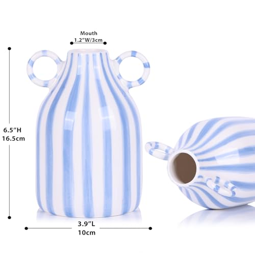 Ceramic Blue and White Striped Vase with Handle, Modern Minimalist Coastal Decor Home for Centerpieces for Tables, Kitchen Office, Bookshelf, Bedroom Aesthetic Decor (A)