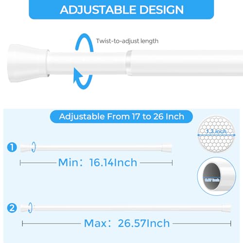 AIZESI 2PCS Small Tension Curtain Rod 16-26 Inch Adjustable White Curtain Rods No Drilling 7/8" Diameter Short Spring Loaded Curtain Rods for Window, Kitchen, Closet, Cupboard, Bookshelf