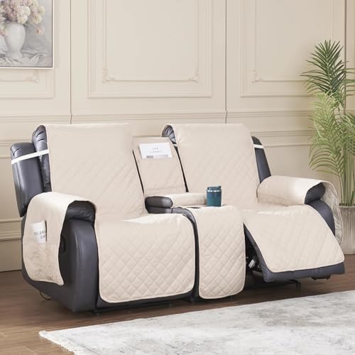 Loveseat Recliner Cover with Console, Waterproof Non-Slip Recliner Cover with Elastic Straps, Sofa for Double Reclining Sofa Furniture Protector for Kids, Pets, Loveseat Covers