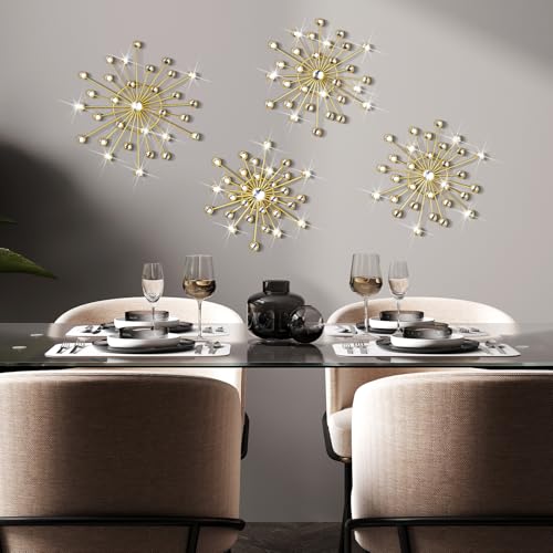 Blulu 4 Pcs Metal Wall Decor Bling Crystal Wall Art Cast Iron Rhinestones Sunburst Decor Starburst Art Hanging Diamond Accents Home Decorative for Living Room Bedroom Entryway(Gold)