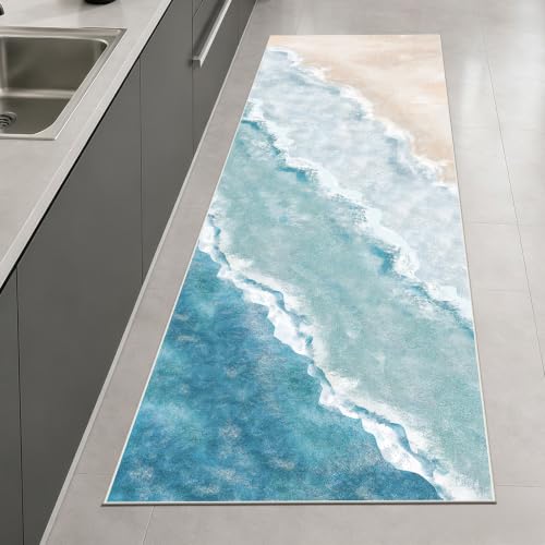 Beach Pattern 2.6x8ft Runner Rug Non Slip Washable Kitchen Runner Rug with Rubber Backing，Low-Pile Soft Washable Runner Rugs for Hallway Entryway Kitchen Bedroom Living Room Bathroom
