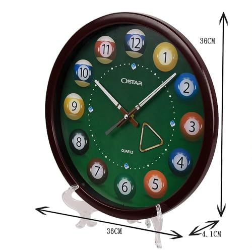 OSTAR Big Large Billiard Pool Ball Wall Clock, Battery Operated, Cue Hand, Non Ticking Quality Quartz, 14" Snooker Game