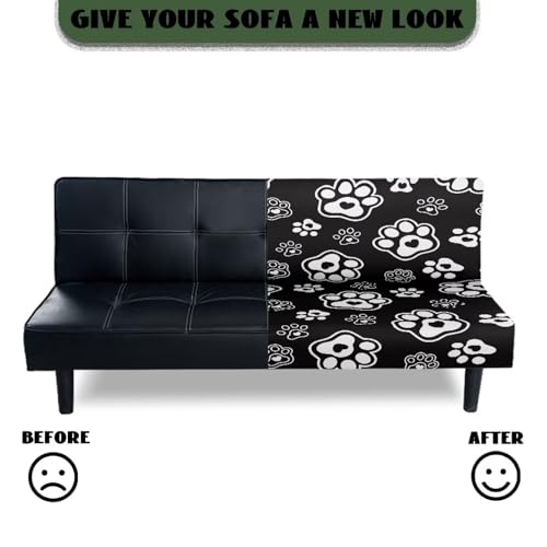 Paws Heart Print White Black Stretch Futon Cover with Elastic Bottom Armless Futon Mattress Cover Dustproof Cozy Couch Covers Scratch Resistant Sofa Bed Slipcover