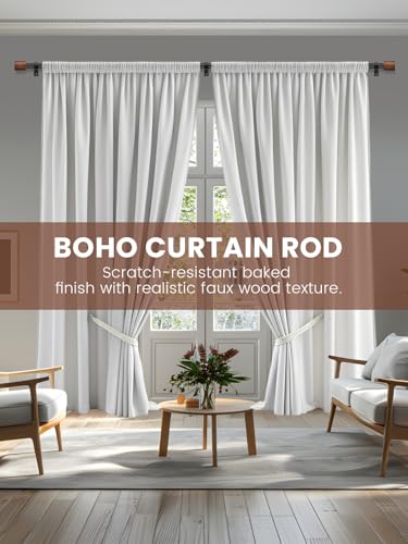 Wood Curtain Rods for Windows 32 to 84 Inch, 1 Inch Heavy Duty Adjustable Decorative Curtain Rod, Modern Farmhouse Drapery Rod for Bedroom, Patio and Living Room