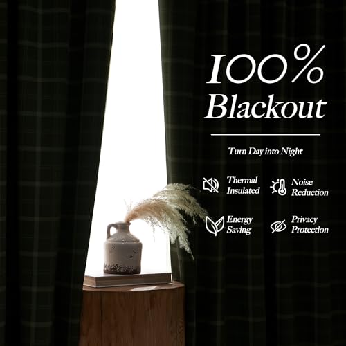NICETOWN Buffalo Check Plaid 100% Blackout Curtains 84 Inches Long for Bedroom, Living Room Thermal Insulated Room Darkening Rod Pocket Back Tab Drapes, Olive Green, 52" W x 84" L, 2 Panels
