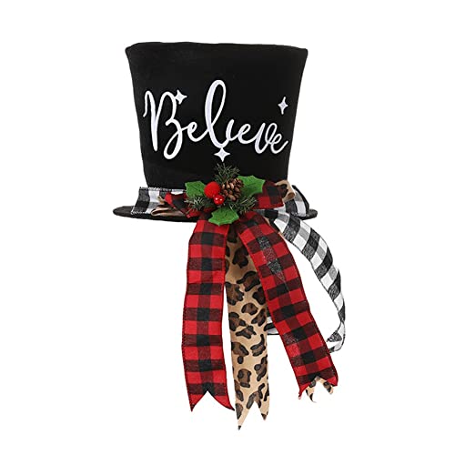 Christmas Tree Topper Hat, Black Velvet Bowler Derby Hat Topper with Long Plaid Ribbon Ornament, Christmas Snowman Topper Hat for Home Holiday Tree Decoration (Christmas Tree Topper Hat (10 x 8 Inch))