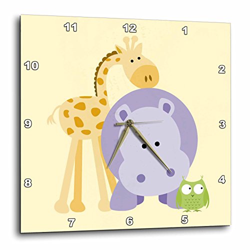 3dRose Giraffe, Hippo and Owl Yellow. Kids Room Decoration-Wall Clock, 13 by 13" (DPP_212040_2)