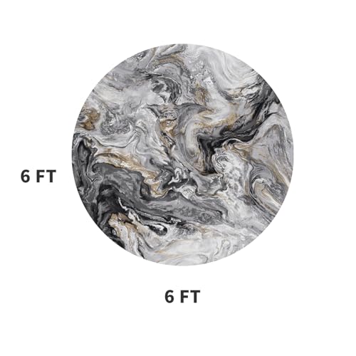 PADOOR 6' Round Abstract Area Rug, Washable Non-Slip Low Pile, Marble Black