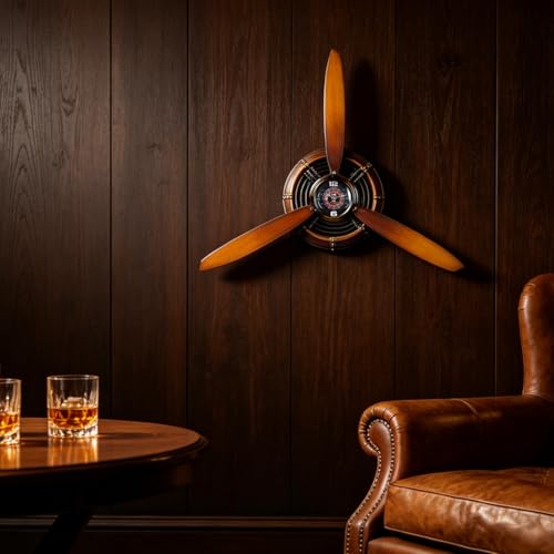 Pilot Gifts for Men Metal Antique Airplane Propeller Wall Clock Aviation Decor Masculine Wall Gifts Dad for Living Room Bedroom Rustic Wall Sculptures Claybank 29.5×26.4 Inches