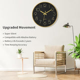 Foxtop Black Gold Wall Clock 12 Inch Silent Non-Ticking Battery Operated Round Quartz Modern Wall Clock for Living Room Kitchen Bedroom Home Office School Decor