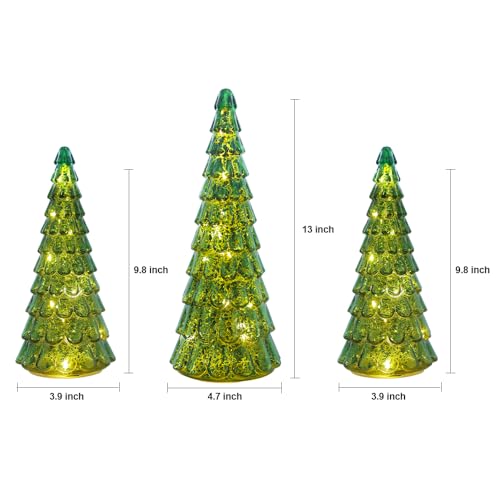 PHITRIC Christmas Decorations Indoor, 3 pcs Sparkling Glass Christmas Tree with LED Lights and Timer, Tabletop Christmas Tree Decor, Xmas Tree Decorations for Living Room, Fireplace, Table, Home