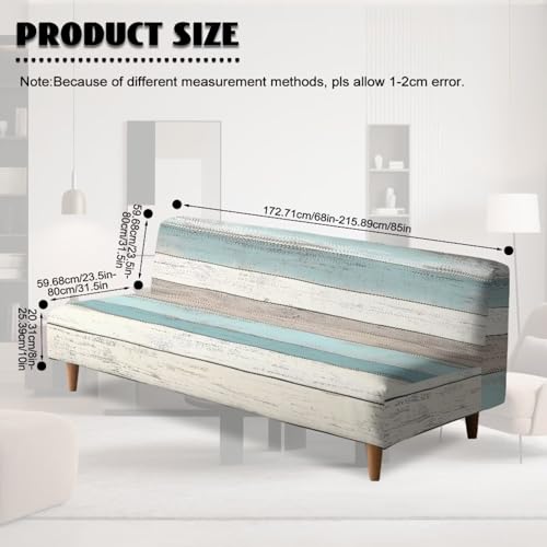 Decorative Armless Futon Cover Stretch Futon Sofa Bed Slipcover Machine Washable Printed Couch Cover Non-Slip Furniture Protector for Home Decor, Wood Grain Print White Blue