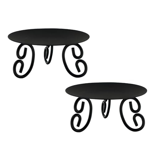 Hosley Set of 2 Black Iron Pillar Candle Holders, 5-Inch Round Candle Stands with Scroll Feet, Rustic Farmhouse Table Centerpiece Decor for Weddings, Spa, and Home