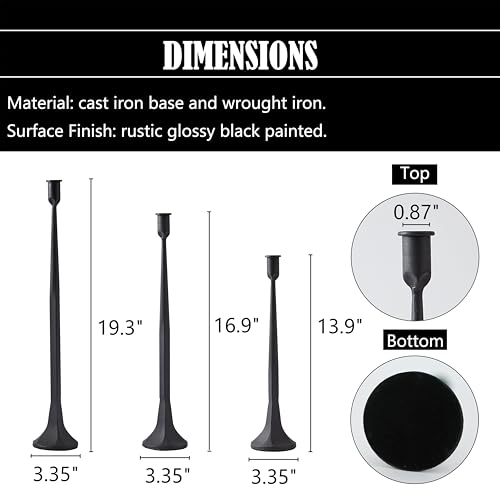 Iron Taper Candle Holder Set of 3, Black Candlestick Holders 19.3”17” 14” Heightening Decorative Candle Stand Set for Wedding, Dining Table, Home Decoration (Black)