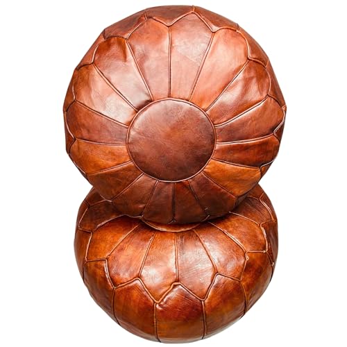 Brown Moroccan Leather Pouf – Set of 2 – Delivered Unstuffed – Handcrafted Ottoman, Footstool, Footrest, Floor Cushion – Versatile Artisan Accent