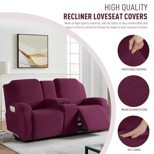 KinCam Loveseat Recliner Covers with Middle Console Slipcover, Recliner Sofa Covers 2 Seat Couch Cover Stripe Jacquard Furniture Protector Covers with Elastic Bottom for Kids, Pets (Burgundy)