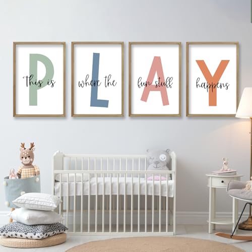 This Is Where The Fun Stuff Happens Kids Playroom Wall Art 11x16 Inch Set Of 4 Rustic Kids Wood Framed Boy Sign Toddler Modren Nursery Interesting Let's Play Prints Wall Hang Decor (Wood)
