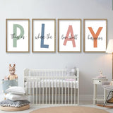 This Is Where The Fun Stuff Happens Kids Playroom Wall Art 11x16 Inch Set Of 4 Rustic Kids Wood Framed Boy Sign Toddler Modren Nursery Interesting Let's Play Prints Wall Hang Decor (Wood)