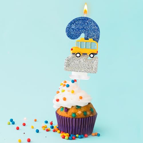 2st Birthday Number Candles for School Bus Blue and Silver Birthday Decorations for Boys for Cakes, Parties, Anniversary Celebrations, Bakery Decorations (Number-02)