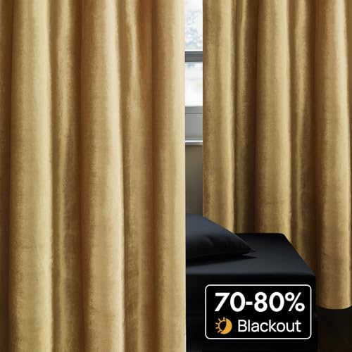 BULBUL Velvet Gold Curtains 84 inch Length- Living Room Blackout Thermal Window Drapes Darkening Decor Grommet Curtains for Bedroom Set of 2 Panels