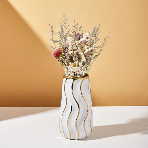 White Ceramic Vase for Home Decor,Decorative Flower Vase, Vertical Stripe Ceramic Vases for Home Décor, Bedroom, Office, Living Room, Bathroom, Tabletop Decor, Centerpiece (White)