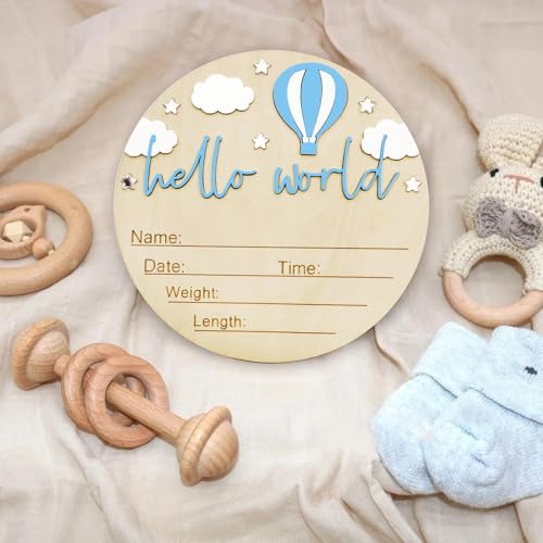 Baby Announcement Sign, 5.9 Inch Wooden Hello World Newborn Signs, Birth Announcement Sign and Pen, Hot Air Balloon and White Cloud Decoration, Welcome Newborn Arrival to World (Blue)