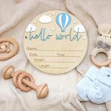 Baby Announcement Sign, 5.9 Inch Wooden Hello World Newborn Signs, Birth Announcement Sign and Pen, Hot Air Balloon and White Cloud Decoration, Welcome Newborn Arrival to World (Blue)