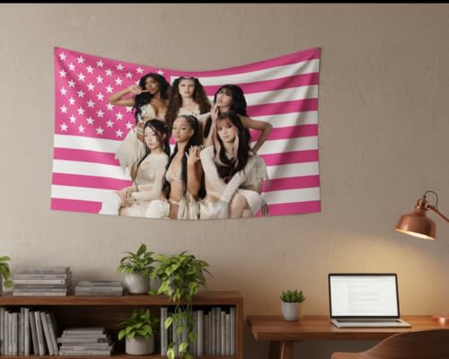 Katseye Pink American Flag Tapestry, 3x5 FT Polyester Wall Hanging with Brass Grommets, Single-Side Print for Bedroom Studio Decor