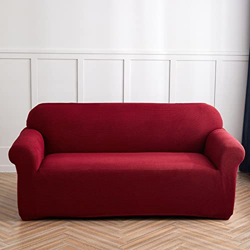1 Piece Non-Slip Stretch Loveseat Slipcover Sofa Cover,Spandex Jacquard Sofa Cover for Loveseat with Elastic Bottom for Living Room,Red,1 Seater(90-140cm/35-55inch)