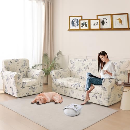 Stretch Printed Sofa Cover Couch Covers, 4-Piece Loveseat Slipcovers with 2 Separate Cushion Cover & 1 Pillow Case, Washable Spandex Furniture Protector for Living Room(Loveseat, Butterfly)