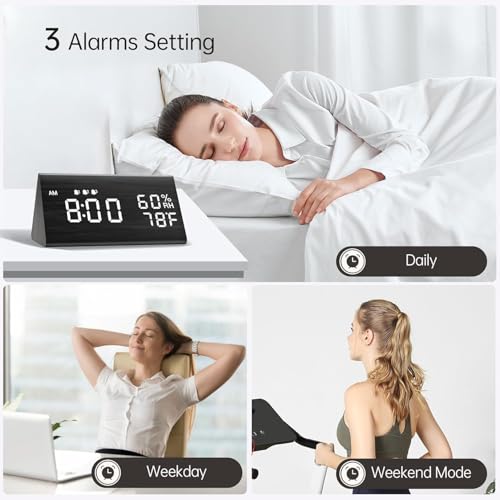 JALL Wooden Digital Alarm Clock for Bedrooms and Office, 3 Alarms with Large Numbers, Humidity and Temperature Display, 6-Level Dimmer, Snooze, Loud Desk Clock for Heavy Sleepers, Plug in (Black)