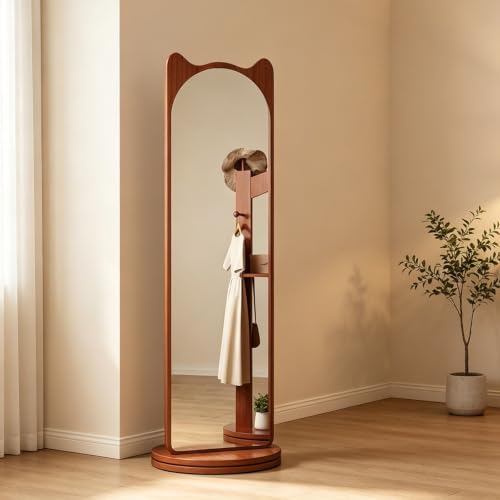 Rotating Full Length Cat Ear Floor Mirror with Storage, 360° Swivel Stand, HD No-Distortion Glass, Space Saving for Bedroom, Living Room, Entryway(Walnut,165x40cm/65x15.7in)