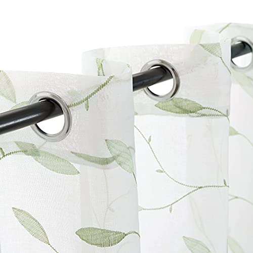 Lazzzy Embroidered Sheer Curtains Floral Leaf White Sheer Curtain for Bedroom Living Room Kitchen Rustic Voile Drapes Privacy Window Treatment Set of 2 Panels 96 Inches Long Grommet Top Green on White