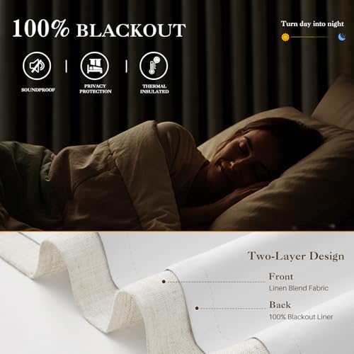 IVAPUPU Natural Pinch Pleated 100% Blackout Linen Curtains 90 Inch Length for Bedroom, Black Out Pinch Pleat Curtains for Living Dining Room Darkening Thermal Insulated Drapes with 16 Hooks, 2 Panels