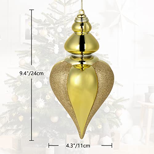 2 Pcs 9" Large Shatterproof Finial Drop Ornaments - Gold Christmas Big Ornaments Hanging Ball for Holiday Decorations