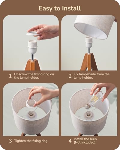 EDISHINE Tripod Table Lamp, Small Cute Bedside Lamp with Linen Beige Lampshade, Nightstand Lamp for Nursery, Bedroom, Kid Room, Living Room, Light Brown Wooden Base, E26 Socket, 14.2 Inch