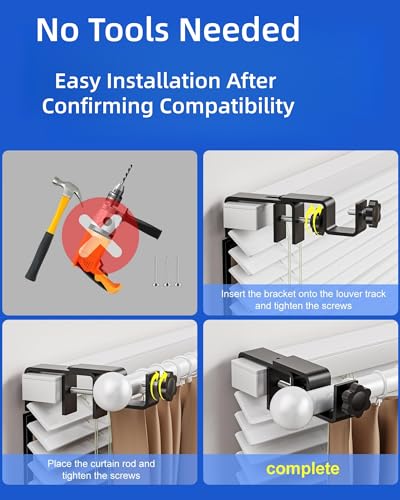 Over-Blinds Curtain Rod Brackets for Outside-Mounted Blinds, Blinds Curtain Rod Brackets for 1.3–2” Rectangular Headrails, Tool-Free No-Drill Installation for Apartments, Rentals Set of 2 (Black)