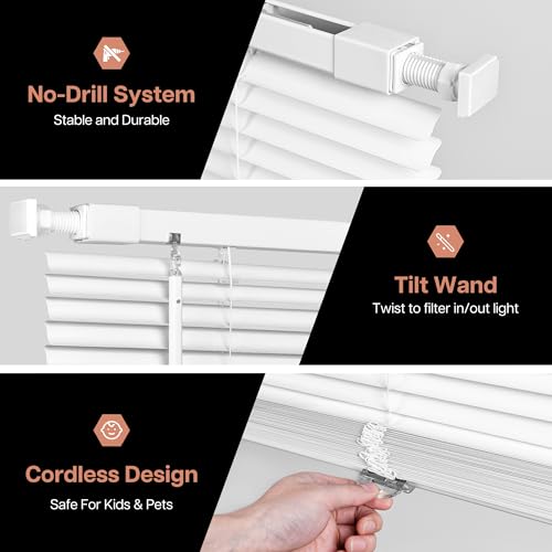 LazBlinds No Drill Vinyl Mini Blinds, 35" W x 64" H, White | S-Shaped Slats Create a Tighter Seal, Ideal for Bedrooms, Kitchens & Bathrooms