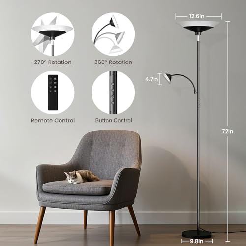 Upgraded 2-in-1 Torchiere Floor Lamp, Dimmable Standing Lamp with Remote&Button Control, 34W Brightness Adjustable Floor Reading Light, Black Modern Corner Lamp for Living Room Bedroom Office