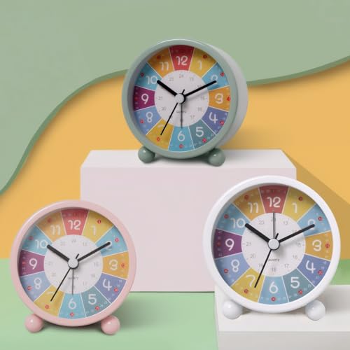 Cute Alarm Clock with Silent Clock Movement Color Coded Time Zones Digital Dial Metal Casing Hands for Teens Bedroom Bedside Kids 12/24 Hour Clock Battery Operated Pink